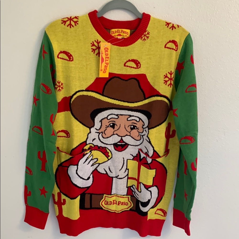 Old El Paso Santa Eating Tacos Christmas Sweater Southwest Cactus Size S/M NWT